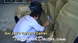 94 corvette being spray painted at Doc Jays Corvette Center in California www.thecrashdoctor.com